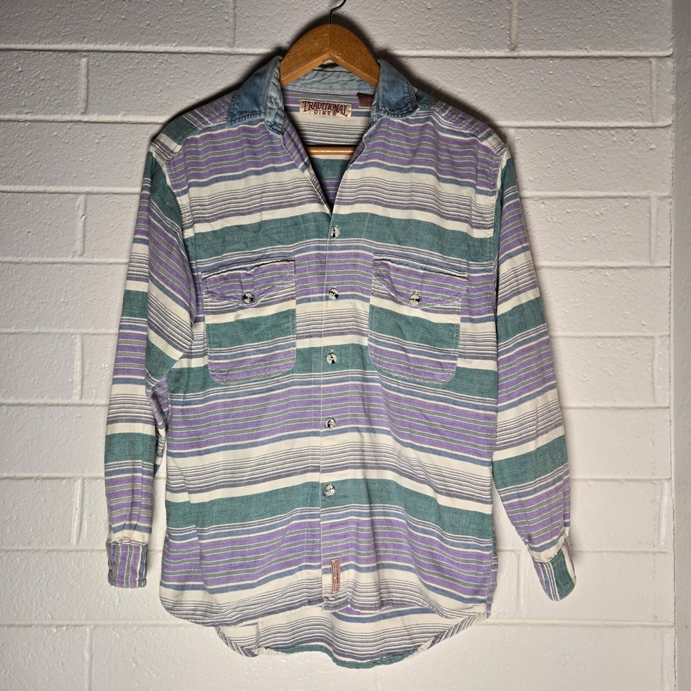 Vtg Traditional Diner‎ Striped Button Shirt Mens Medium Denim Collar 90s Street